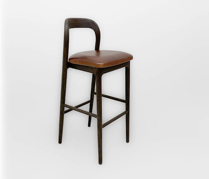 01.7339.0348: Βar stool με πλάτη ξύλο teak χρώμα marron, κάθισμα δέρμα (ύψος καθίσματος 83εκ.)