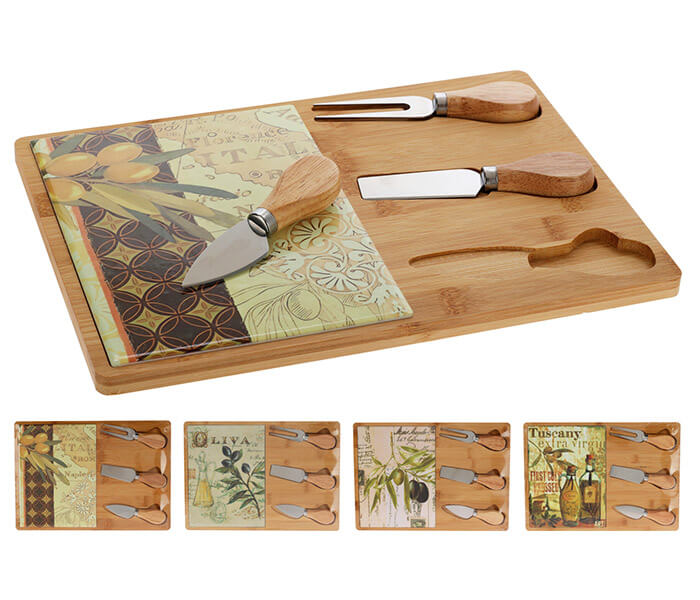 13.7281.0447: Σετ σερβιρίσματος τυριού, ξύλο bamboo - κεραμικό, 3 μαχαιράκια