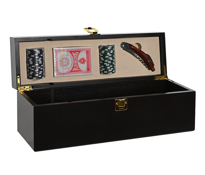 13.7308.0323: Κουτί ξύλο για μπουκάλι κρασί, τράπουλα, μάρκες, τιρμπουσόν