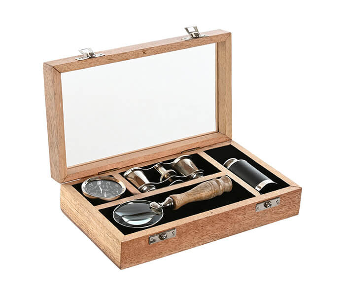 15.7308.0991: Κουτί mango, set 4τεμ. Μεγ. Φακός, πυξίδα, μονοκυάλι, κυάλια (brass)