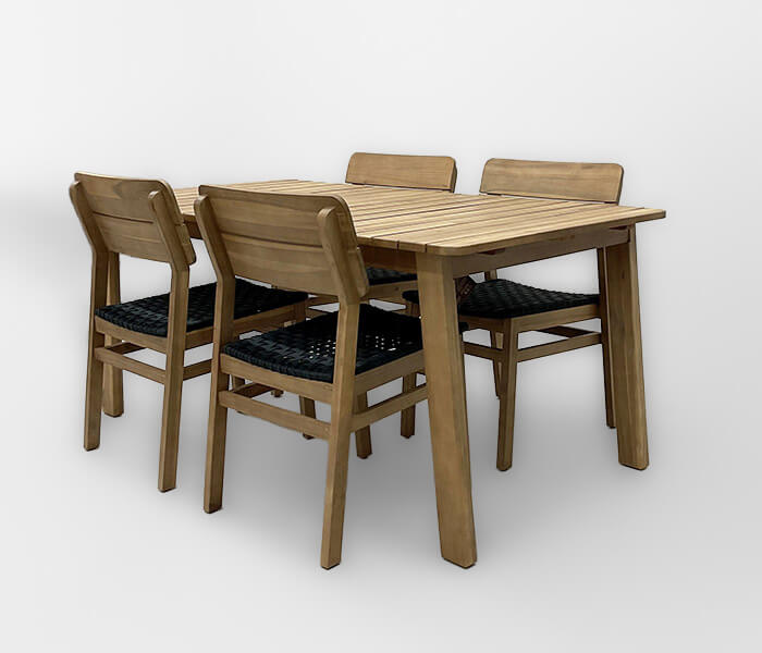 21.7310.0024: Set 5τεμ. Dining: Τραπέζι ξύλο ακακία (teak look) 161X90X75Y, 4 καρέκλες ξύλο ακακία (teak look), με κάθισμα flat rope, χρώμα ανθρακί 60Χ53Χ84Υ