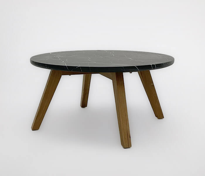 51.0000.0559: coffee table  εσωτερικού χώρου, βάση ξύλο teak καπάκι cement fiberglass σχέδιο marble μαύρο λευκό ( πάχος 3εκ)