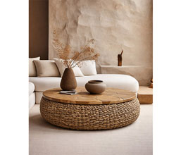 01.7317.0083: coffee table καπάκι ξύλο teak, βάση ψάθα natural