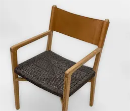 01.7339.0340: Πολυθρόνα  ξύλο teak, πλάτη γνήσιο δέρμα, κάθισμα twisted wicker  (ύψος καθίσματος 46εκ.)