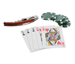 13.7308.0323: Κουτί ξύλο για μπουκάλι κρασί, τράπουλα, μάρκες, τιρμπουσόν