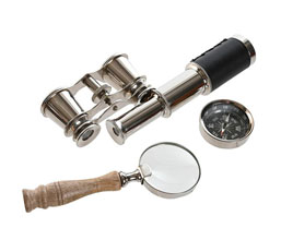 15.7308.0991: Κουτί mango, set 4τεμ. Μεγ. Φακός, πυξίδα, μονοκυάλι, κυάλια (brass)