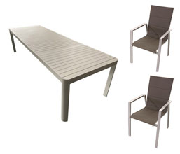 21.6696.0011-12 - ΣΕΤ Τραπεζαρία 9 τεμ. Τραπέζι επεκτεινόμενο αλουμίνιο χρώμα taupe (180-240 X 100 X 75Y), 8 πολυθρόνες στοιβαζόμενες αλουμίνιο - textilene (57 X 65 X 93Y)
