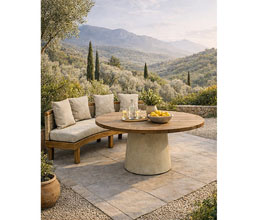 21.7339.0501: Καναπές Dining Curved ξύλο Teak με πλάτη twisted wicker. Μαξιλάρια πλάτης και καθίσματος (φερμουάρ) με ύφασμα υδρόφοβο, sunproof.  (ύψος καθίσματος 50εκ., ύψος πλάτης χωρίς μαξιλάρι 76εκ., με μαξιλάρι πλάτης 90εκ.)