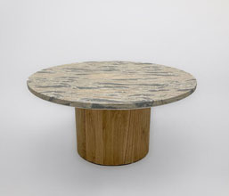 51.0000.0564: coffee table  εσωτερικού χώρου, βάση ξύλο mindi natural  καπάκι fiberglass cement  σχέδιο marble μπεζ-γκρι ( πάχος 3εκ)