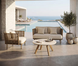 51.0000.0573: Coffee table βάση ξύλο teak καπάκι fiberglass cement light lava finishing  χρώμα μπεζ, πάχος 3εκ. 